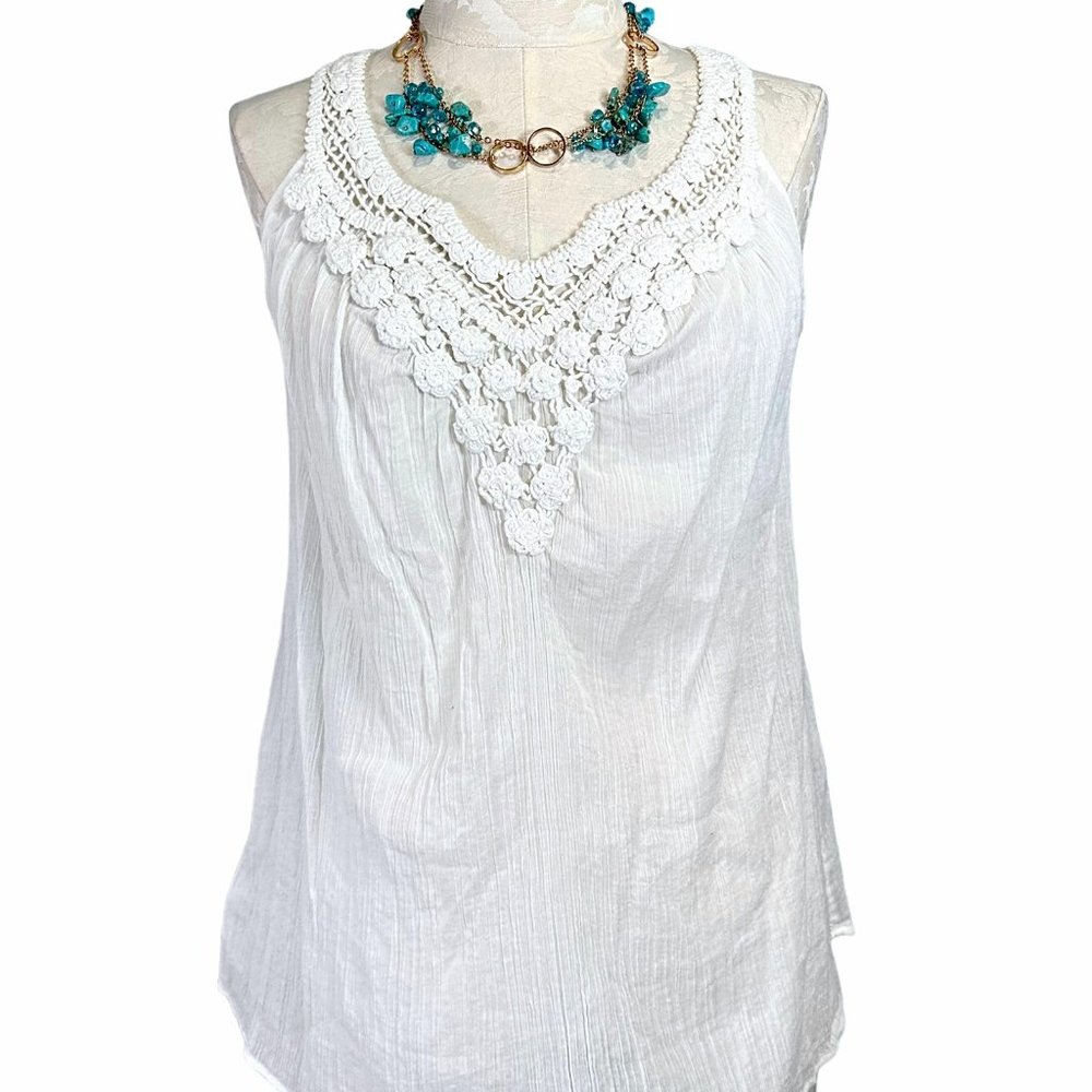 RL Chaps Denim White Crochet Tank Top Women's Small